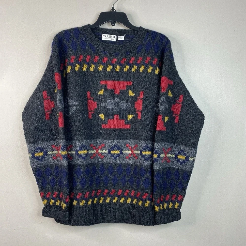 Jos A Banks 100% Wool Men's Sweater Aztec Print‎ Multi-color Size L